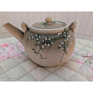 Japanese Banko Pottery Teapot Meiji Sharkskin Glaze Beaded Floral Moriage